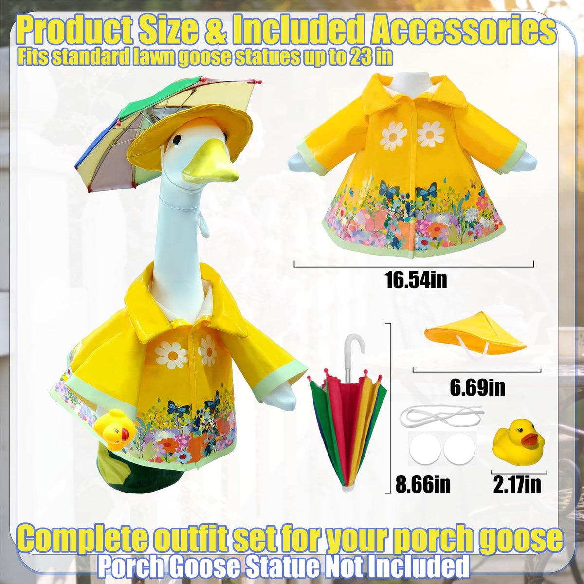 JOYANDRO floral umbrella hat for goose adds whimsical charm to garden display.