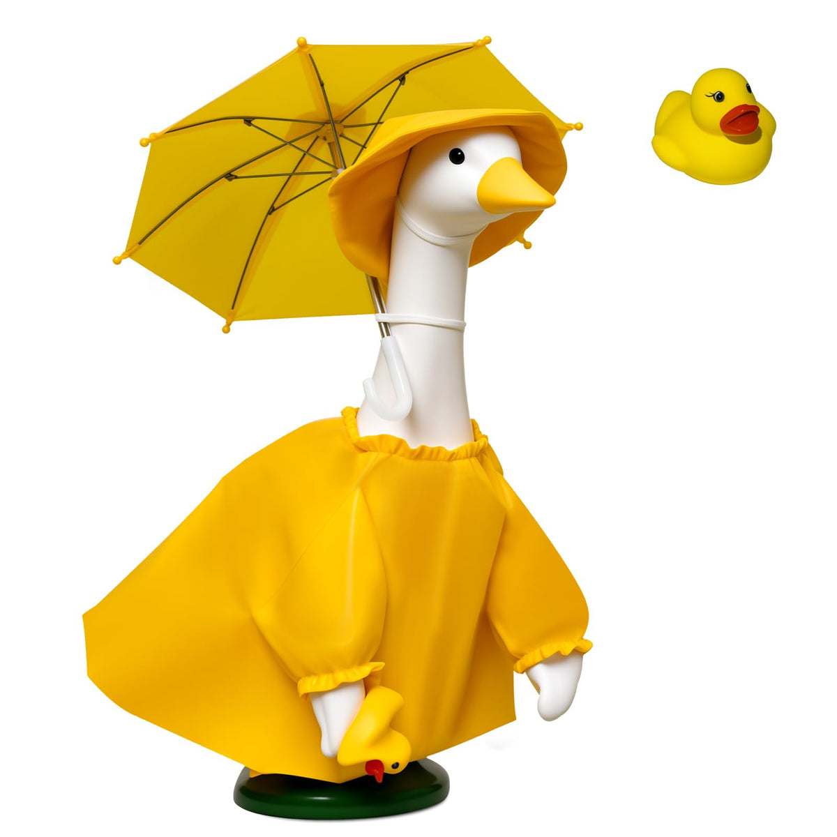 JOYANDRO porches goose raincoat on statue for year-round weather-ready garden decor.