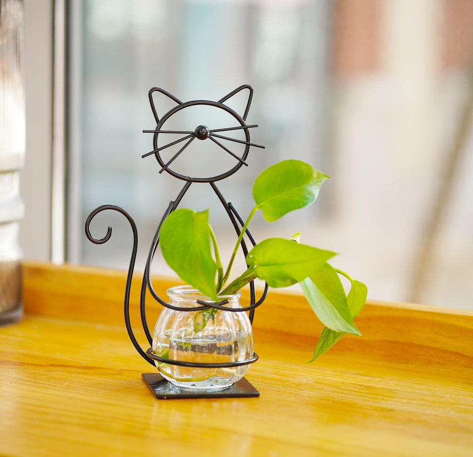 Joyathome cat-planter stand with glass vase on desk for small succulents.