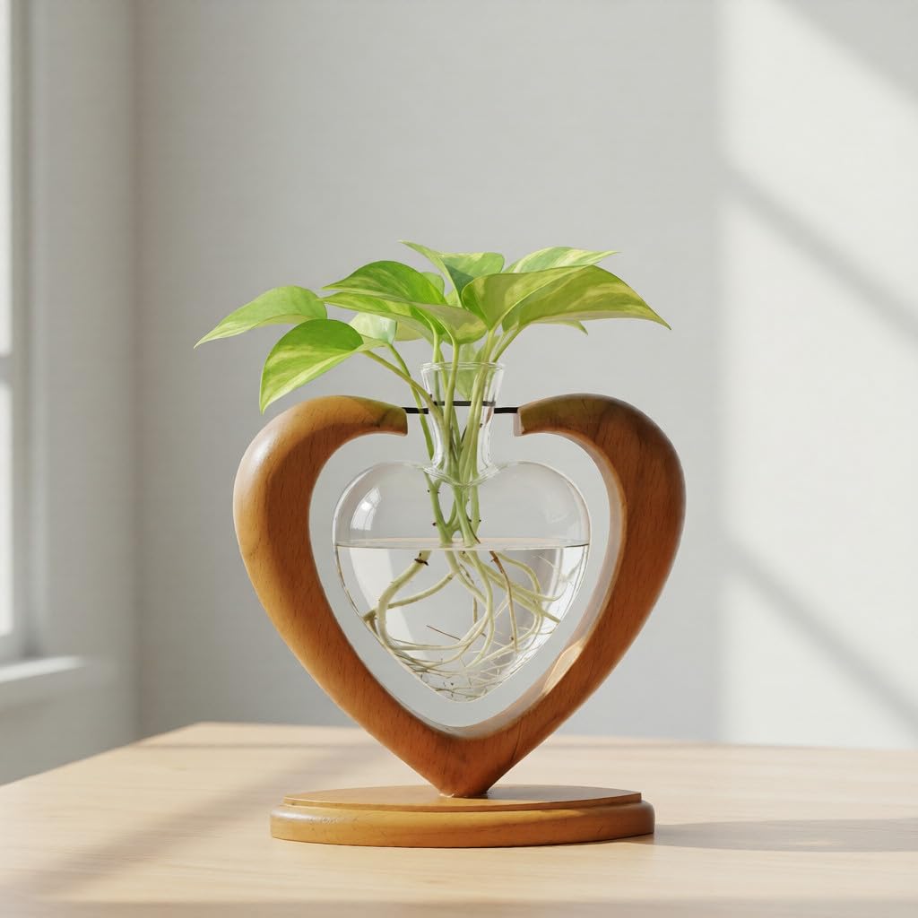 Joyathome heart-shaped propagation station with glass vase shows clear root growth.