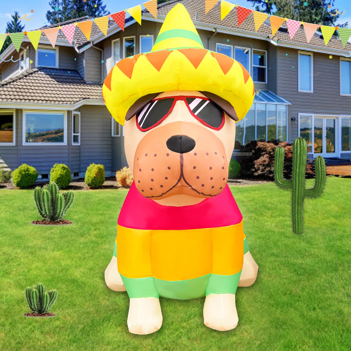 JOYEASE 5 ft Cinco de Mayo inflatable bulldog with taco sombreros and sunglasses for outdoor display