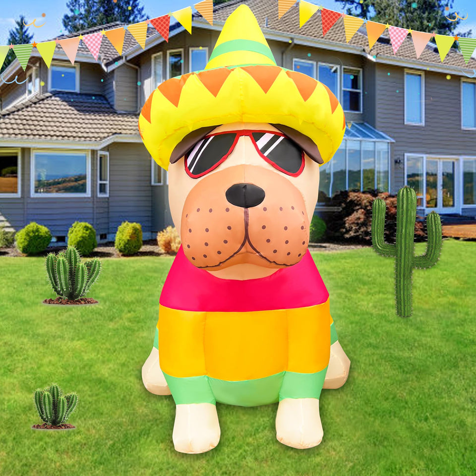 JOYEASE 5 ft Cinco de Mayo inflatable bulldog with taco sombreros and sunglasses for outdoor display