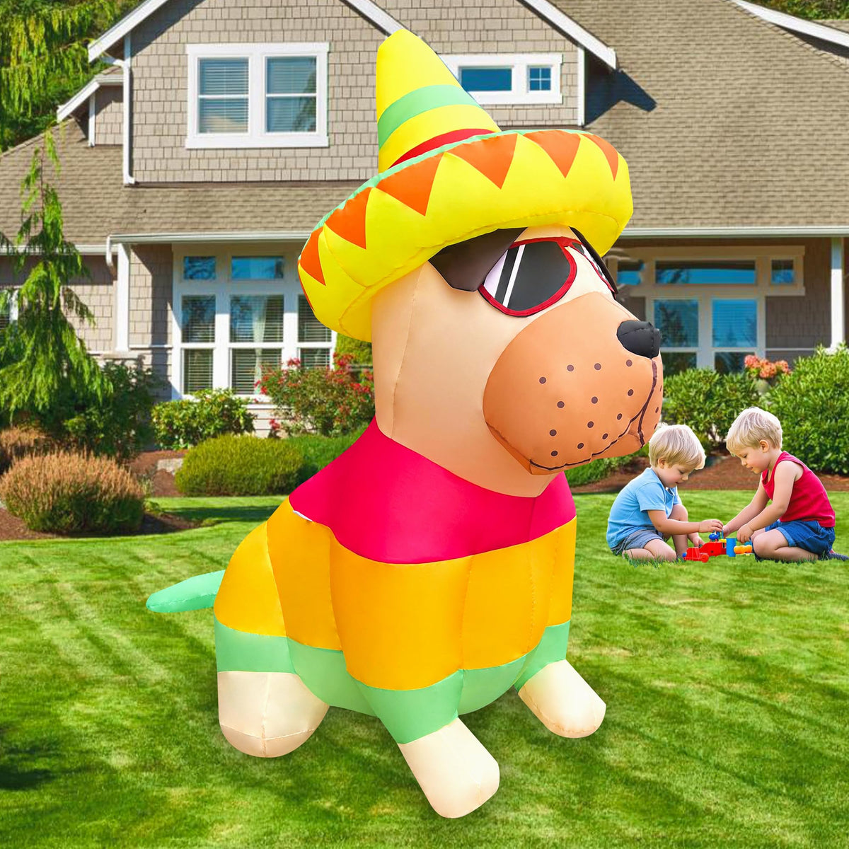 JOYEASE inflatable bulldog wearing taco hats and sunglasses with festive vibe