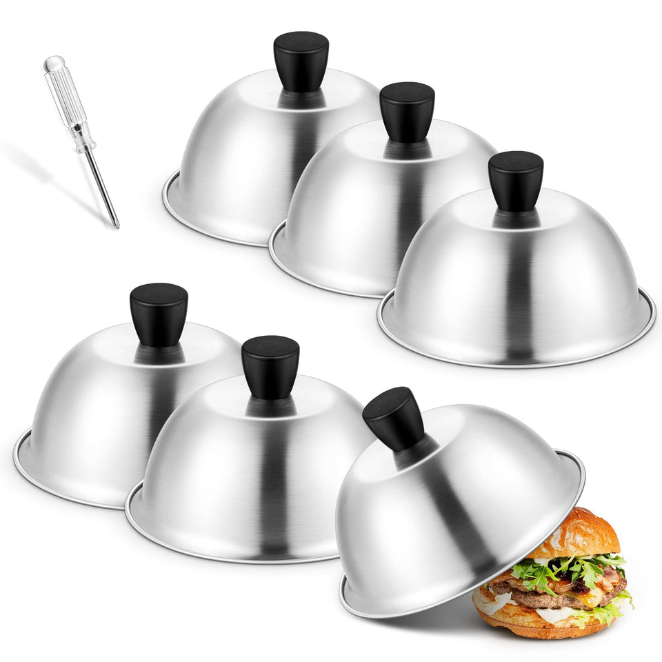 Joyfair 6 inch cheese melting dome speeds cheese melting on a flat top
