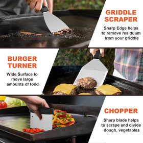 Joyfair burger turner designed for even searing and easy food transfer.