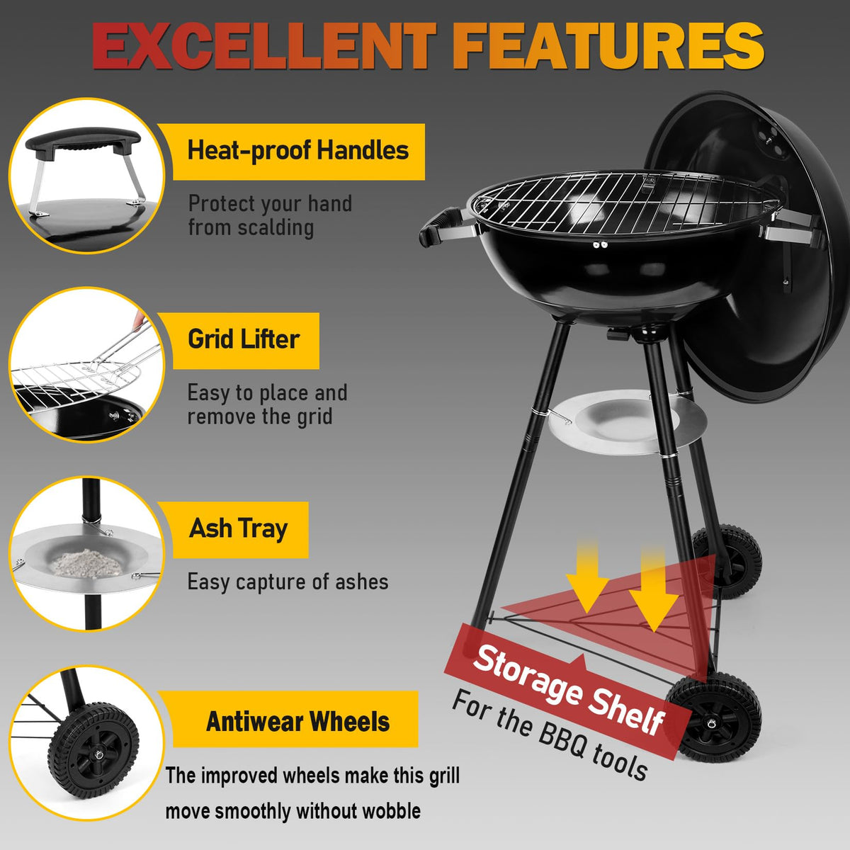 Joyfair Kettle Charcoal Grill chrome-plated grate delivering safe, even grilling