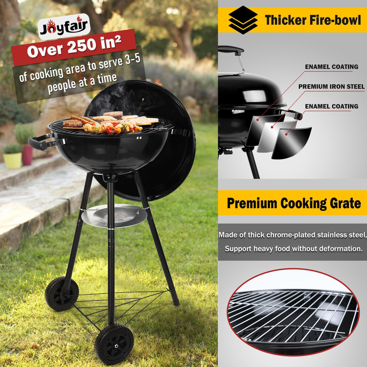 Joyfair Kettle Charcoal Grill dual vent system showing airflow control for temperature