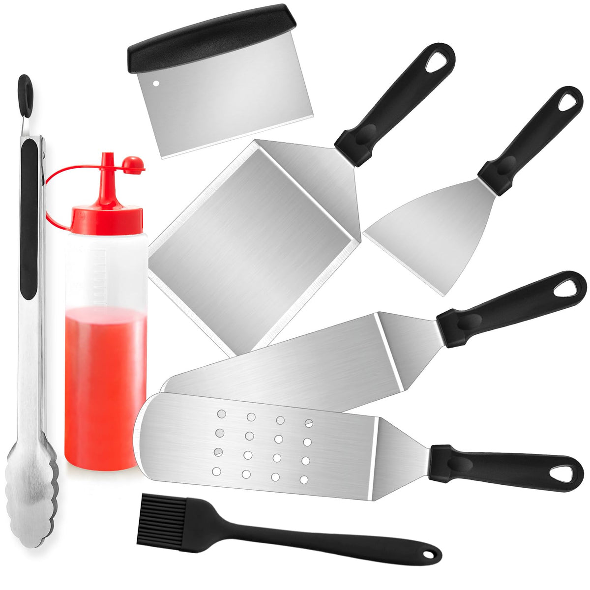 Joyfair long griddle spatula for burgers and vegetables, built for durability.