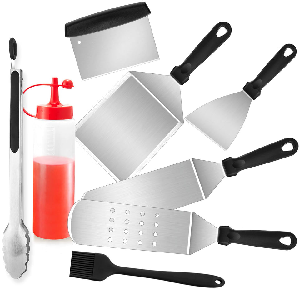 Joyfair long griddle spatula for burgers and vegetables, built for durability.