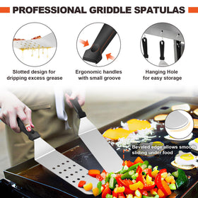 Joyfair long perforated spatula drains grease while flipping on high heat.