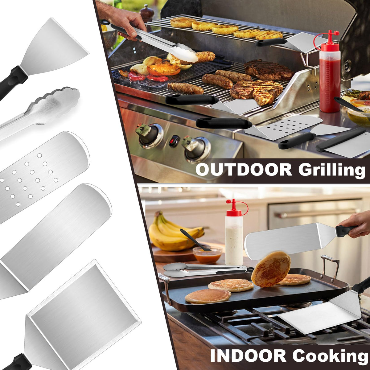 Joyfair metal scraper cleans flat-top surfaces after grilling.