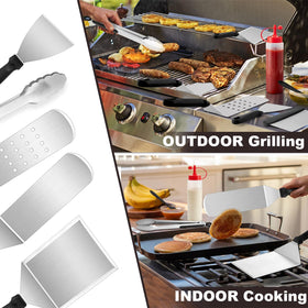 Joyfair metal scraper cleans flat-top surfaces after grilling.