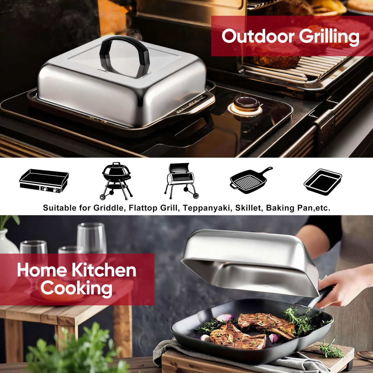 Joyfair multi-purpose dome for griddle, grill, and pan applications.