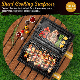 Joyfair portable charcoal grill double-sided cooking area ideal for frying and roasting.