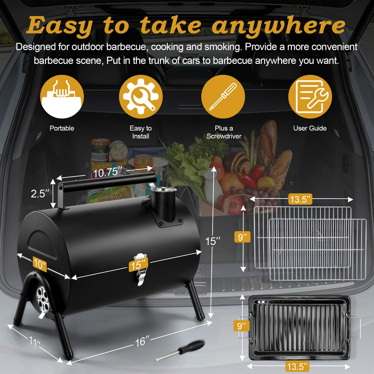 Joyfair portable charcoal grill easy assembly fits in car trunk.