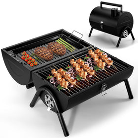 Joyfair portable charcoal grill front view, showcasing sturdy build for outdoor gatherings.