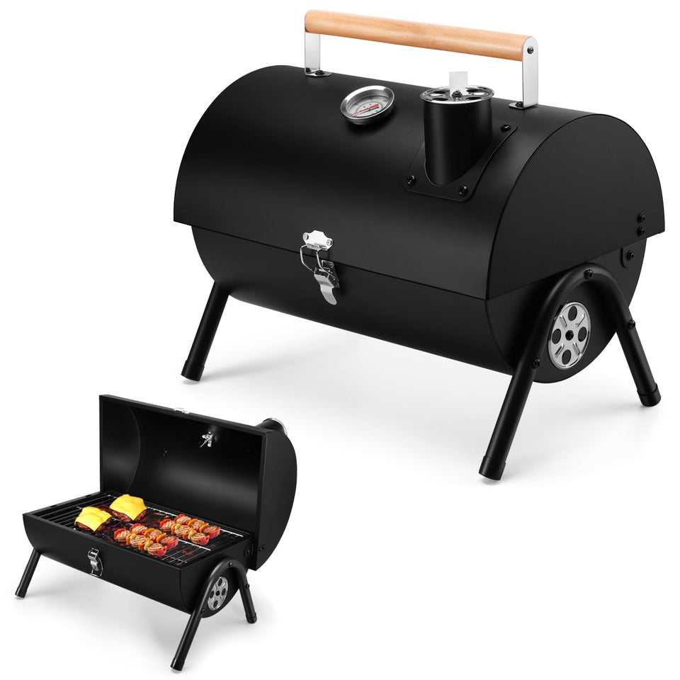 Joyfair portable charcoal grill with thermometer for precise heat control outdoors.