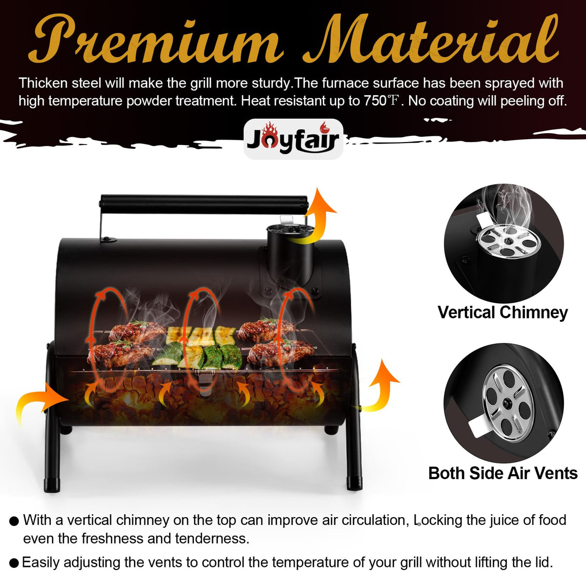 Joyfair portable charcoal grill vertical chimney enables even heat distribution.