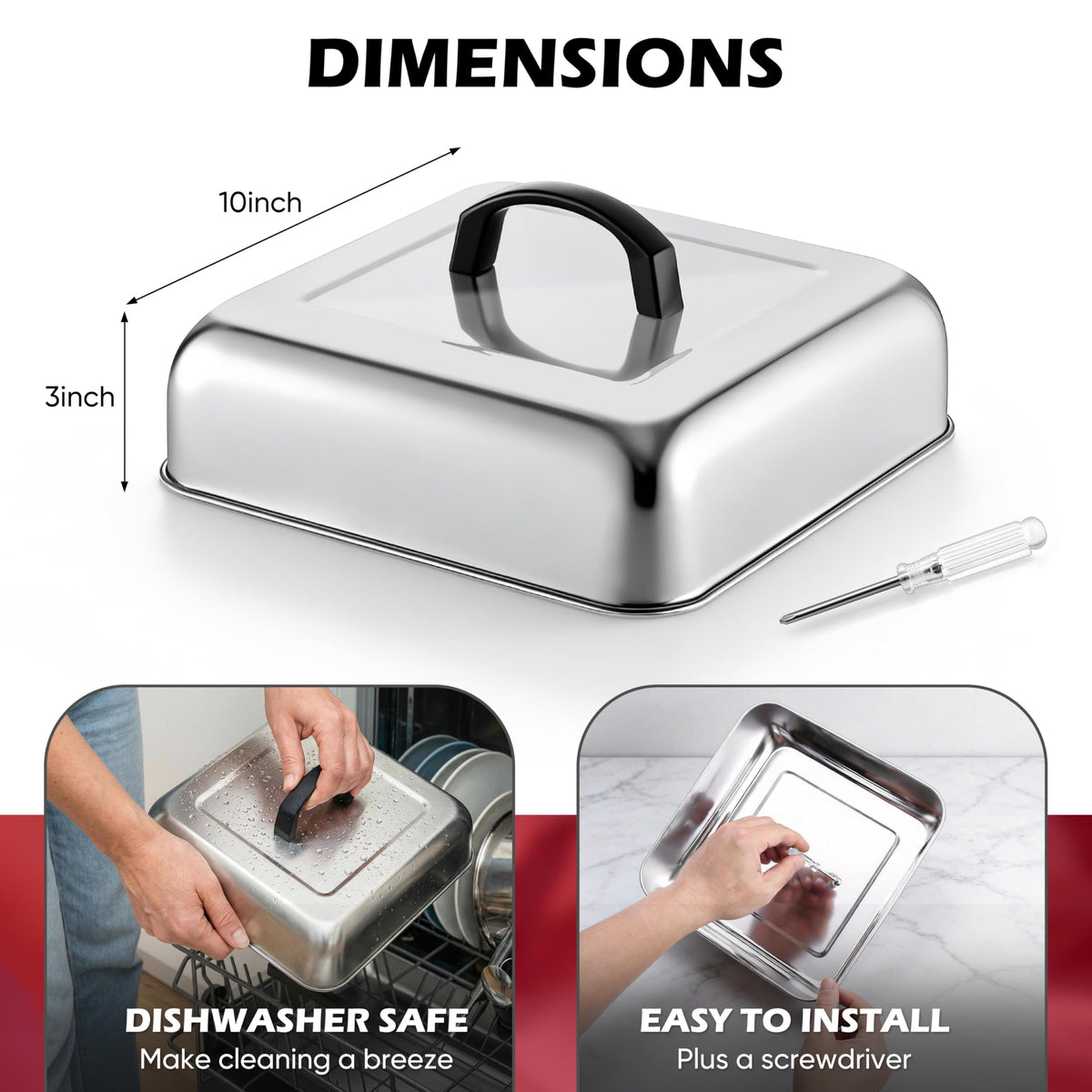 Joyfair stainless steel square dome cover fits flat-top griddles for efficient heat trapping.