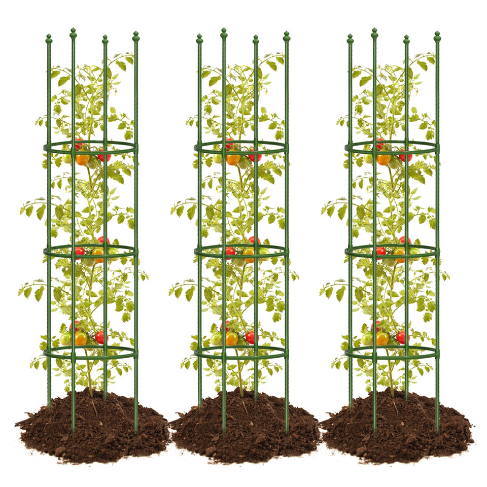 JoyHalo 3pack tomato cages ready for garden installation, delivering sturdy plant support.
