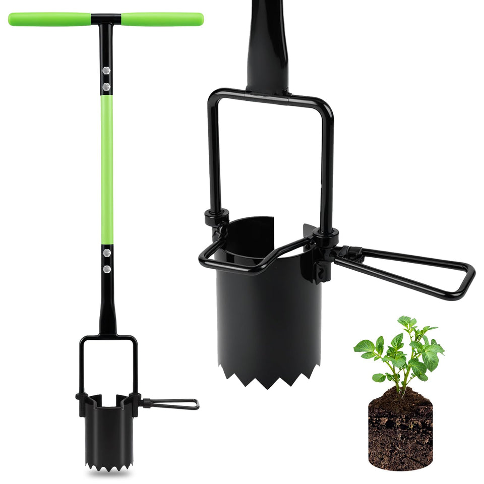 Joyhalo bulb planter tool with long handle and serrated base for easy bulb planting.