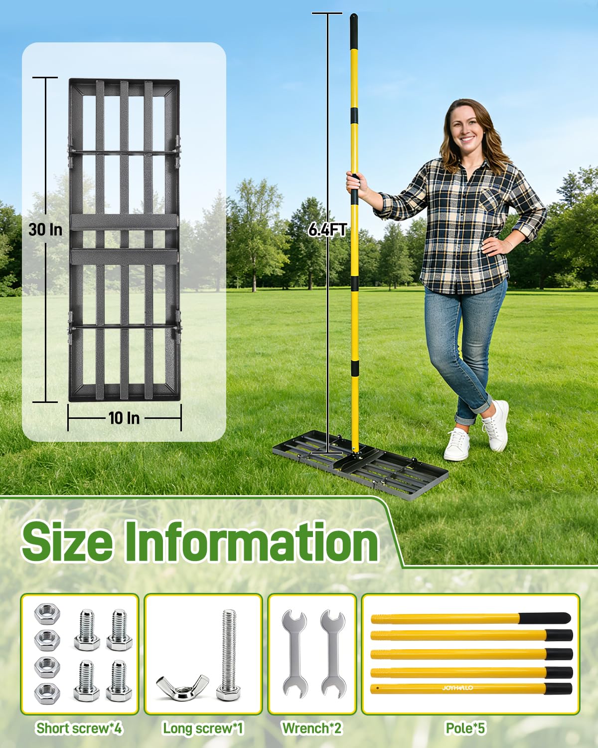 Joyhalo rake features a 78-inch adjustable handle for tall users.
