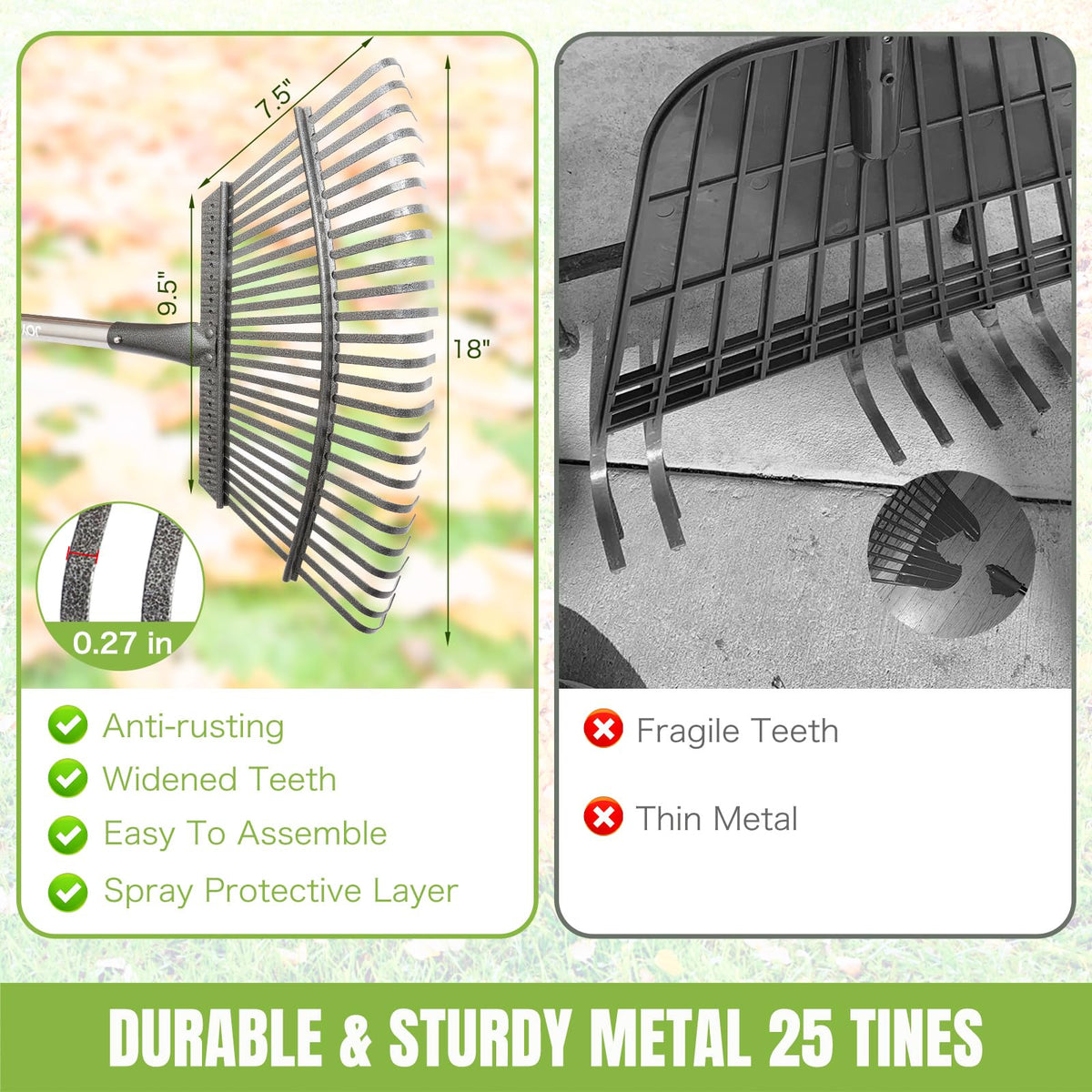 Joyhalo 25-tine metal rake handles debris and light weeds.