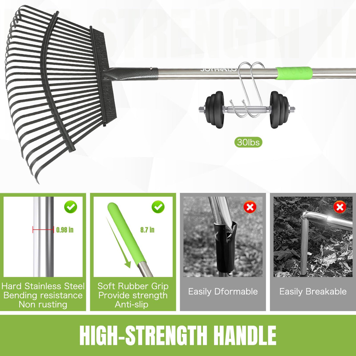 Joyhalo rake with 18-inch wide head for fast lawn debris gathering.