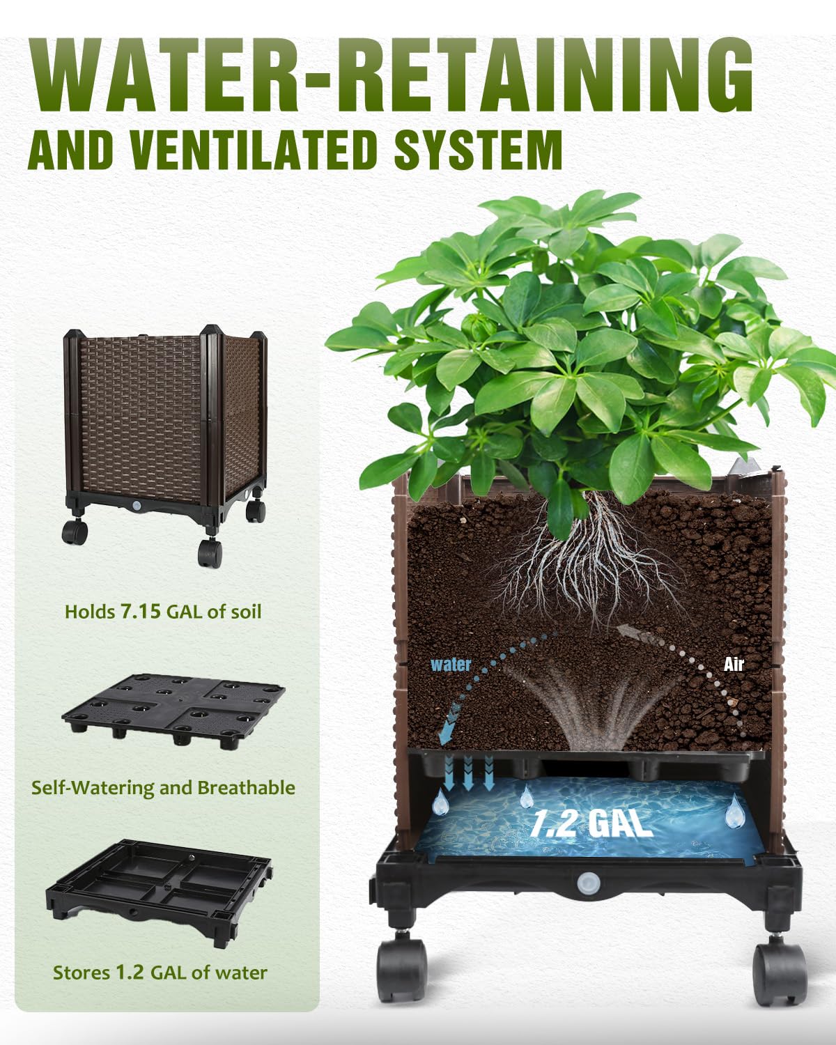 Joyhalo self-watering planter box reservoir keeps soil moist with less maintenance.
