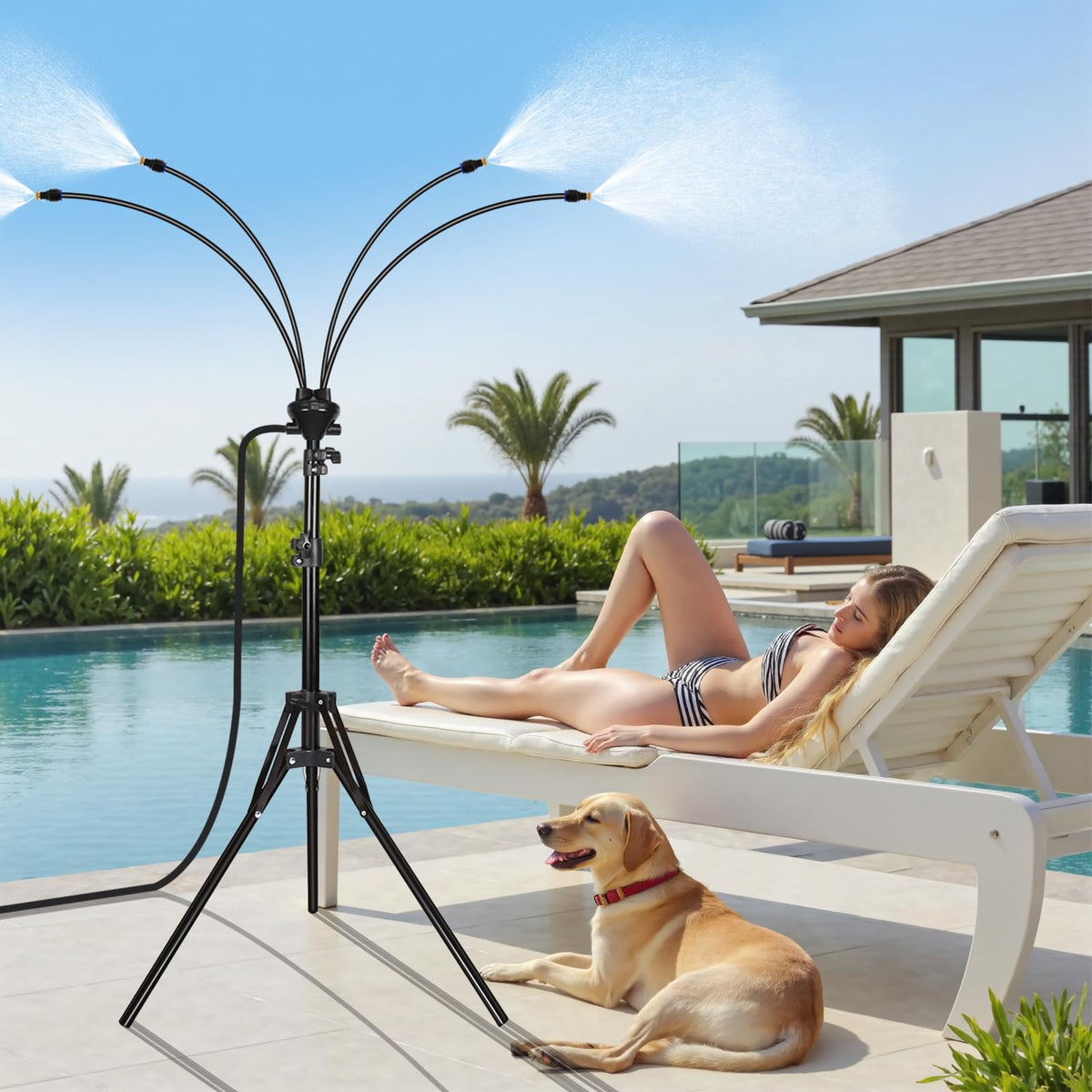 JoyHalo standing misting system on patio with adjustable height for cooling outdoor spaces