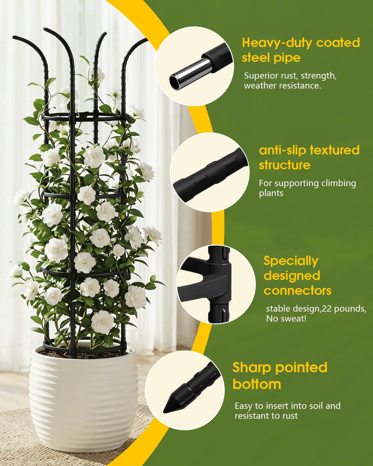 Adjustable Joyhalo trellis from 30 to 74 inches to fit plant growth