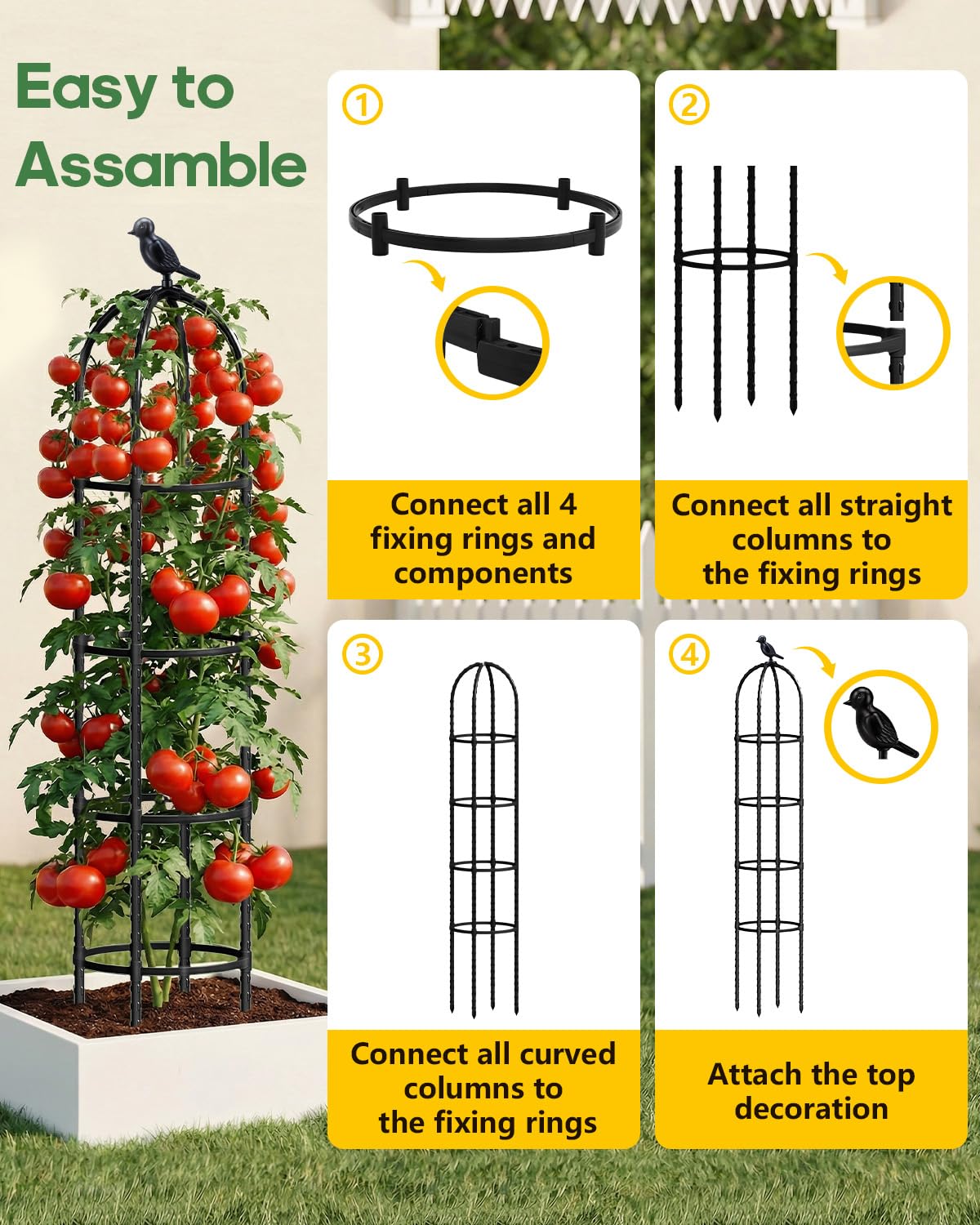 Joyhalo trellis shown with tomato and rose climbing use cases