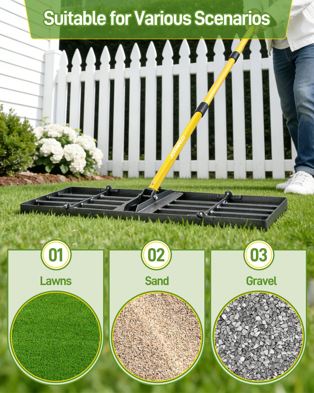 Joyhalo multi-functional yard tool supports lawn leveling, leaf collection, and soil aeration