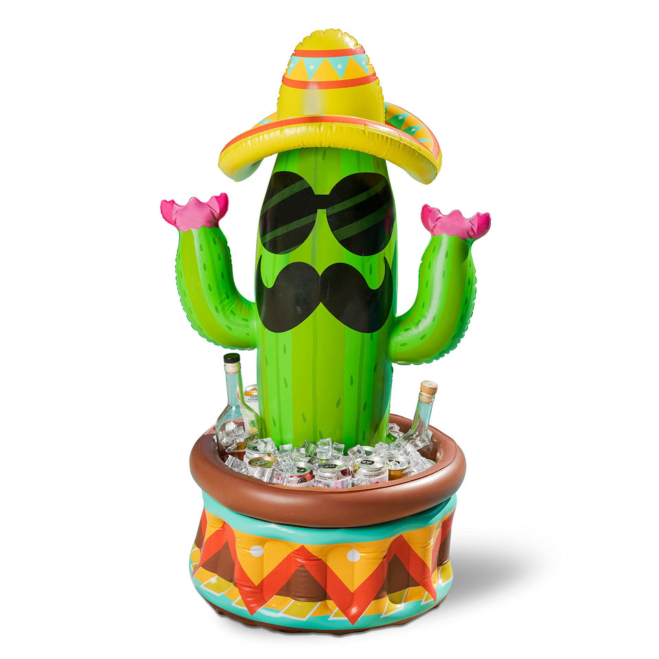 JOYIN 43-inch inflatable cactus cooler with sombrero hat ready to chill drinks at a backyard fiesta.