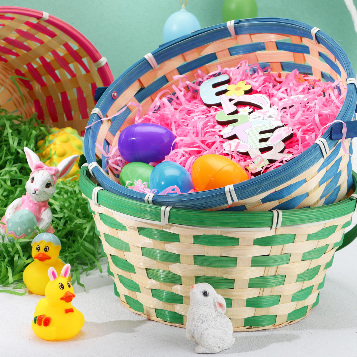 JOYIN Easter bamboo baskets blue handle-open view illustrates simple carrying.