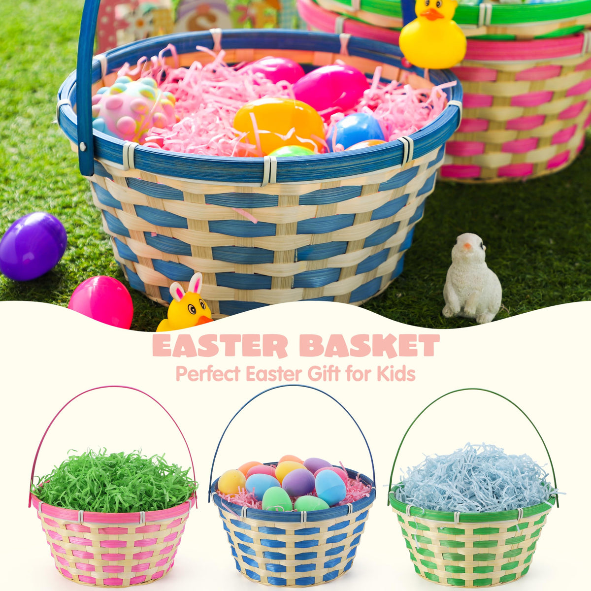 JOYIN Easter bamboo baskets blue side view highlights sturdy handles.