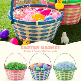 JOYIN Easter bamboo baskets blue side view highlights sturdy handles.