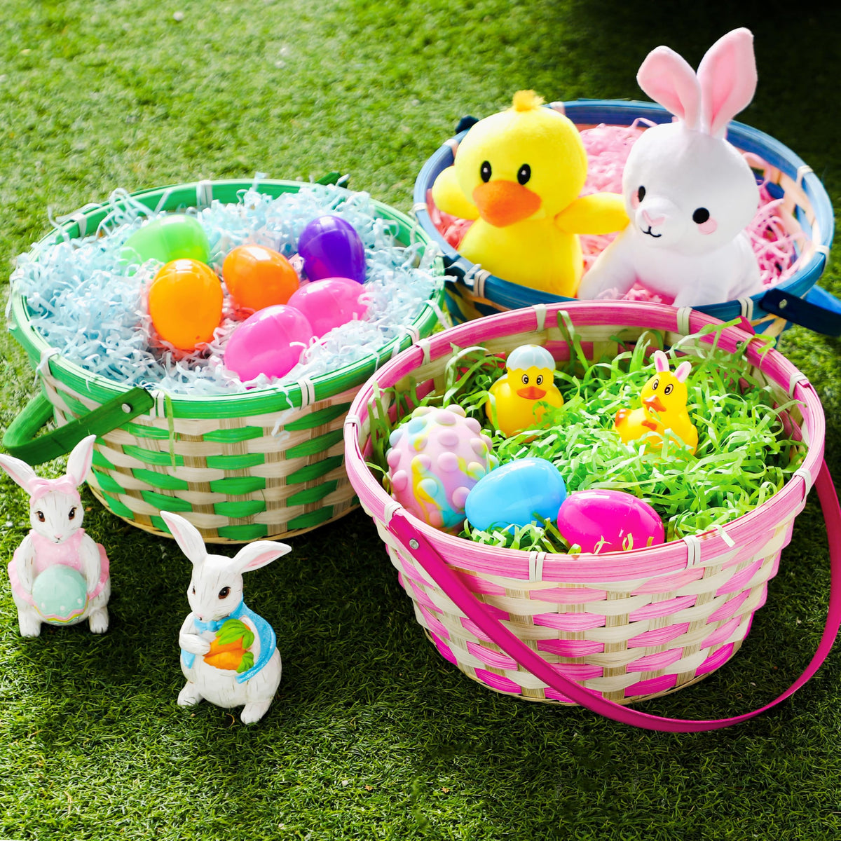 JOYIN Easter bamboo baskets green handle-open view demonstrates easy filling.
