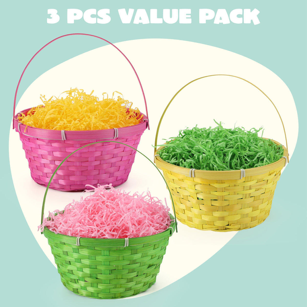 JOYIN Easter bamboo basket with pink handle, easy to carry for kids