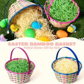 JOYIN round woven basket for egg hunts with blue and pink color scheme.