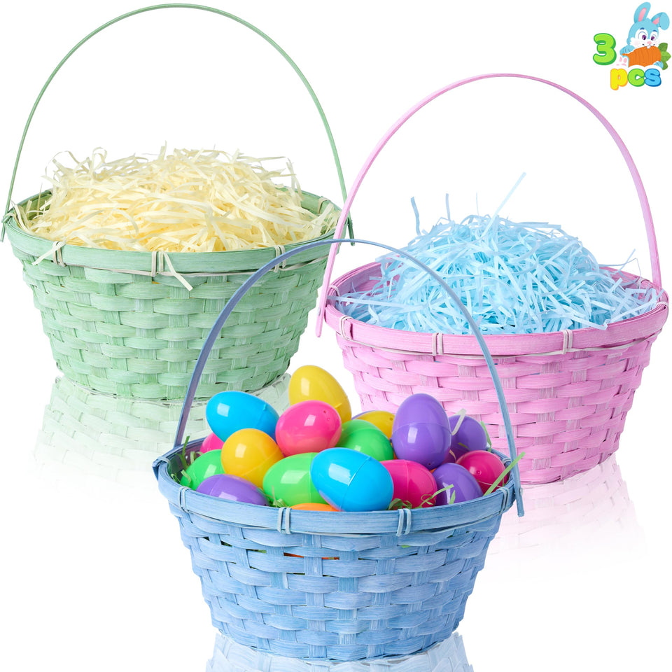 JOYIN Easter basket blue round with handle for egg hunts and gifts.