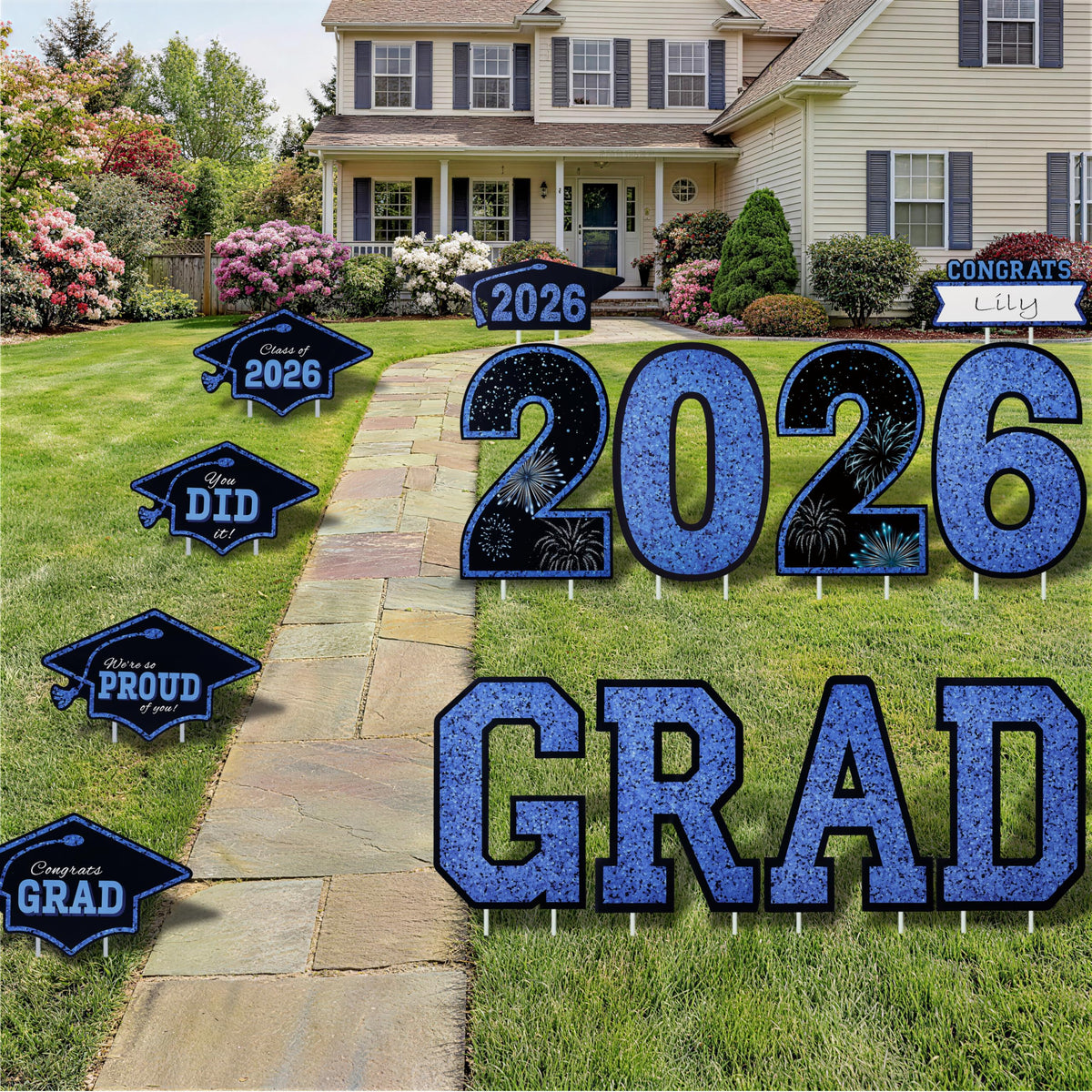 JOYIN black-blue yard sign design adds elegant graduation decor.