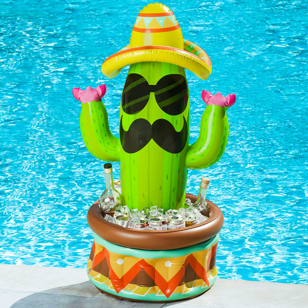 JOYIN inflatable cactus cooler glows under sunset, enhancing party ambiance.