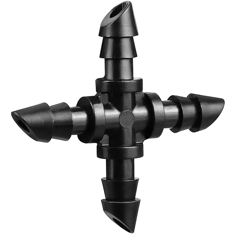 JOYPRO 1/4-inch drip cross fitting secures tubing for leak-free irrigation.