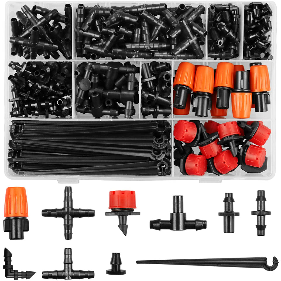 JOYPRO drip irrigation fittings assembly shows durable barbed connectors for secure, leak-free watering.