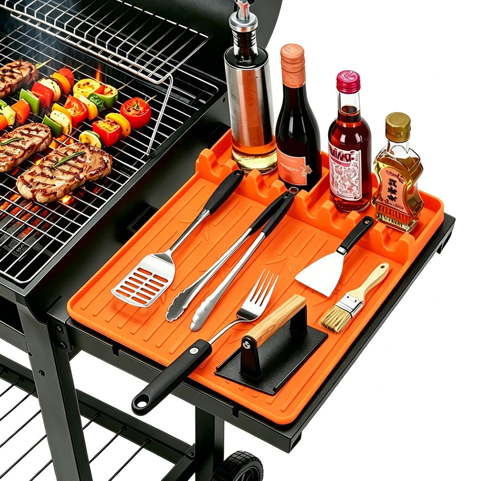 JoySil silicone grill mat laid flat on Blackstone protecting surfaces from grease.