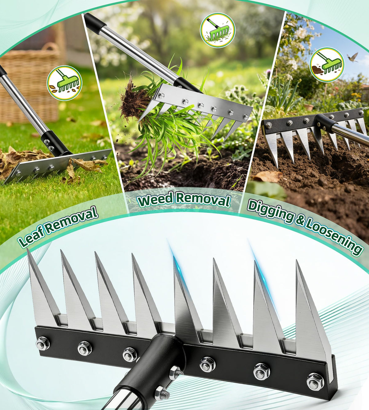 Joysuga iron weed rake leaf-and-root-removal capability