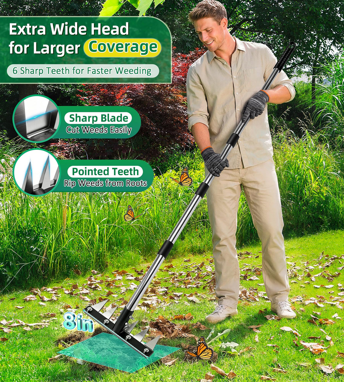 JoySuga weed rake shows its 6-tine design for reaching between plants.