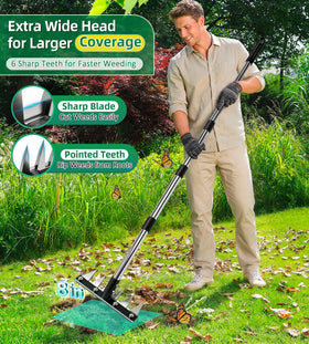 JoySuga weed rake shows its 6-tine design for reaching between plants.