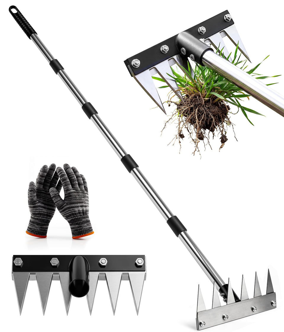 JoySuga weed rake with 71-inch adjustable handle for standing, comfortable weeding.